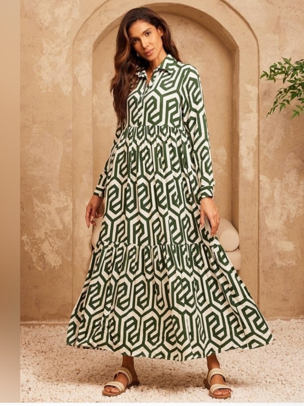 Zara 💚💚💚 Karen Ecru Geo Geometric Print Tiered Midi Dress - S